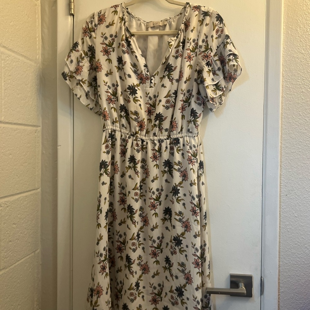 LOFT Cream Floral Midi Dress
